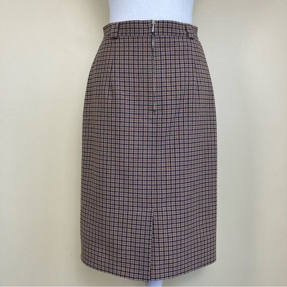 Vintage 80s Plaid Wool Blend Pencil Midi Skirt Tan/Blue Academia Preppy Sz XS - Picture 4 of 15